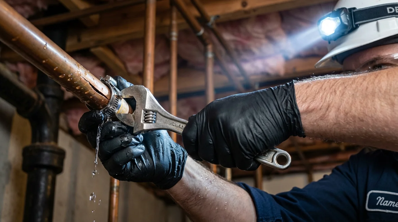 Emergency pipe clamp repair being performed by a Johns Plumbing LLC plumber in Walden