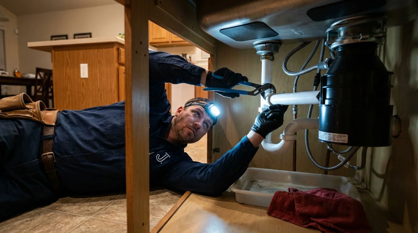 P-trap and supply line connections under a kitchen sink showing a common leak point in Walden, CO